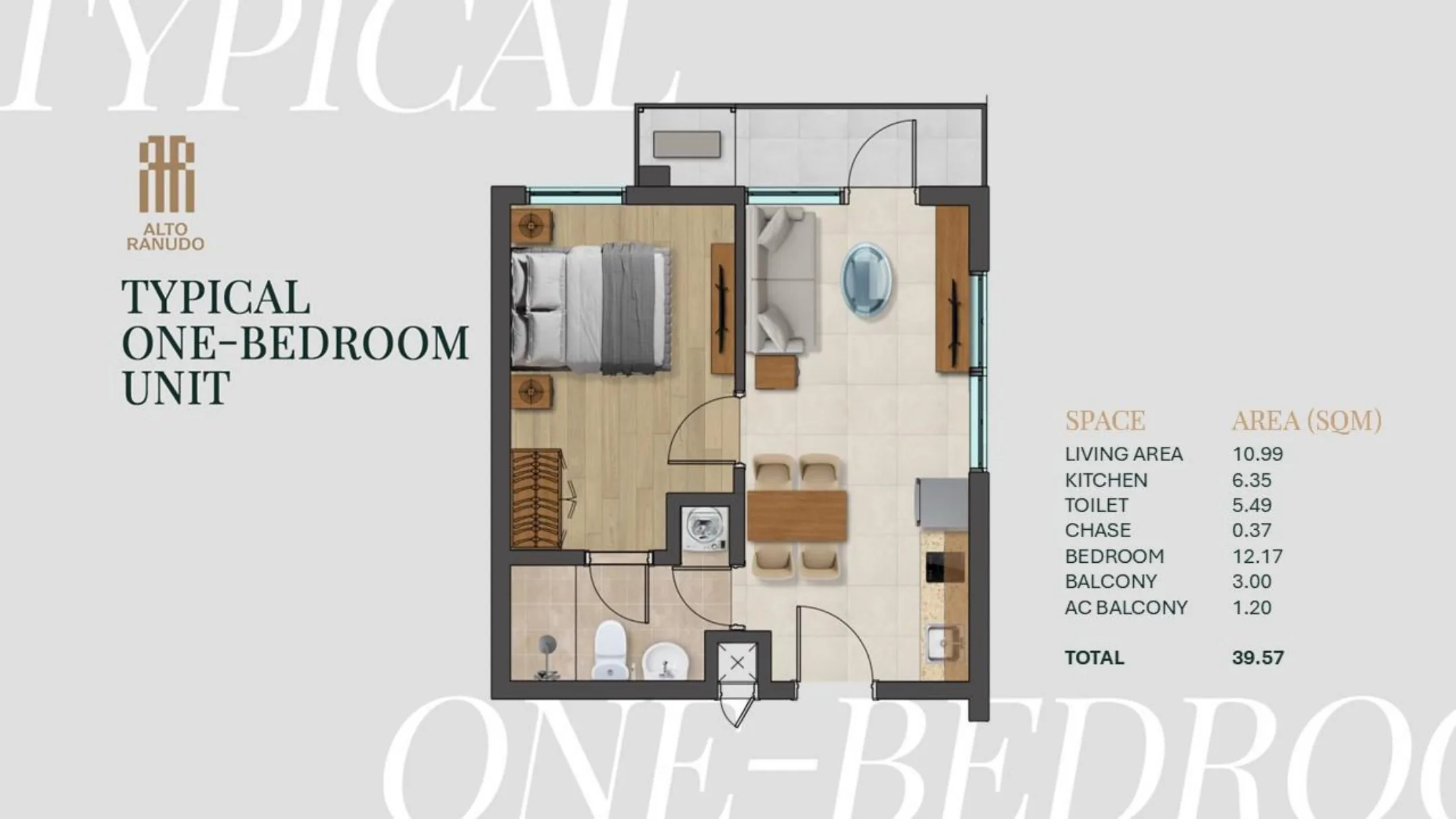 Typical one-bedroom unit floor plan with area breakdown — living 10.99, bedroom 12.17, kitchen 6.35, toilet 5.49, balcony 3.00, A/C balcony 1.20, chase 0.37 sqm