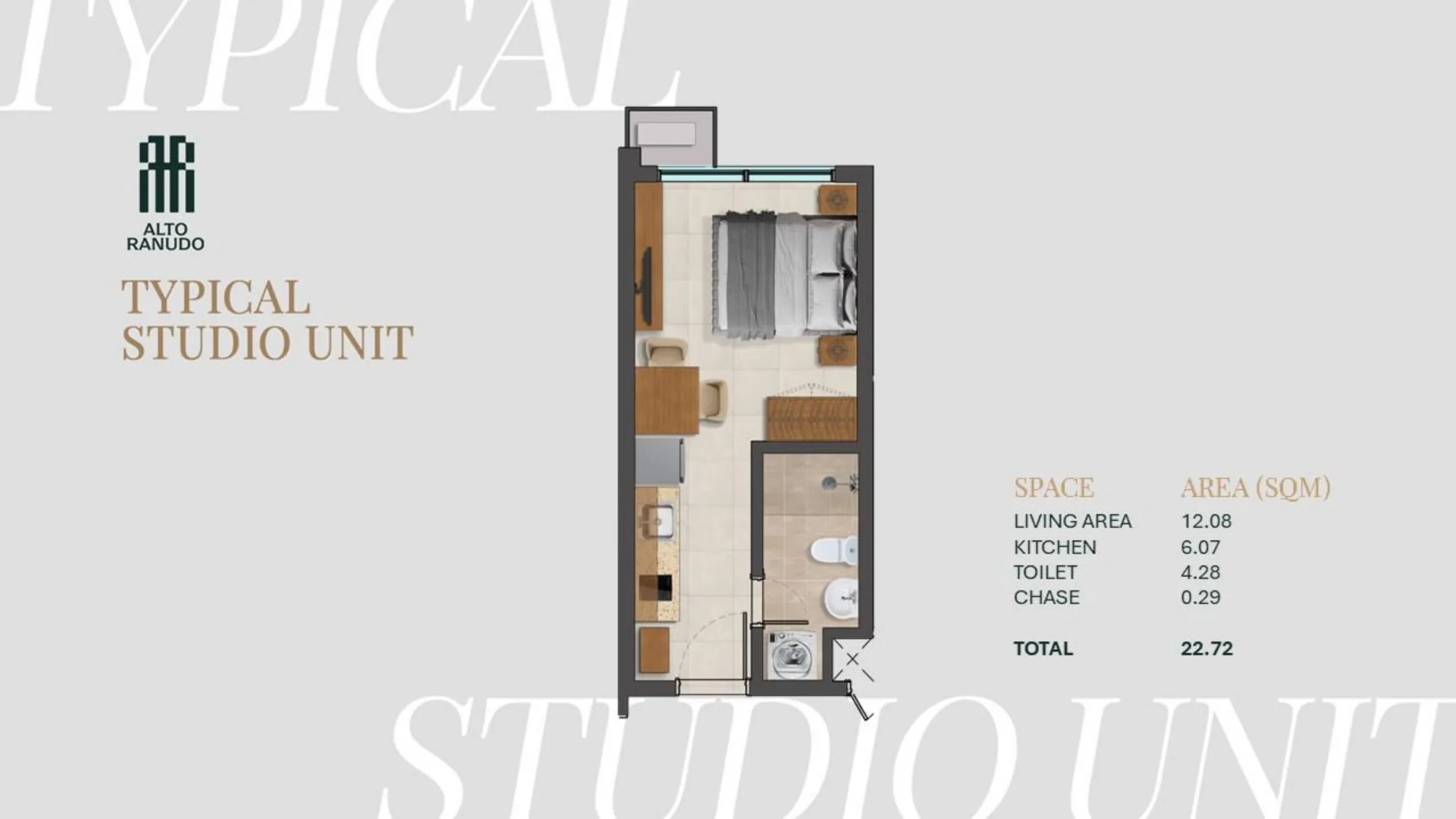 Typical studio unit floor plan with area breakdown — living 12.08, kitchen 6.07, toilet 4.28, chase 0.29 sqm