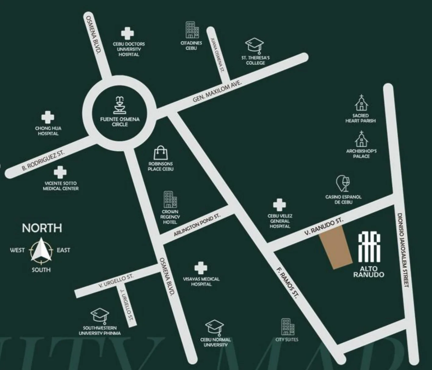 Vicinity map — Alto Ranudo on V. Ranudo Street relative to Fuente Osmeña, the hospital belt, and the universities